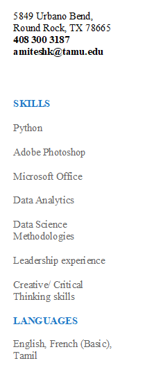 5849 Urbano Bend, Round Rock, TX 78665
408 300 3187
amiteshk@tamu.edu

SKILLS

Python 

Adobe Photoshop

Microsoft Office 
 
Data Analytics

Data Science Methodologies

Leadership experience

Creative/ Critical Thinking skills

LANGUAGES

English, French (Basic), Tamil

